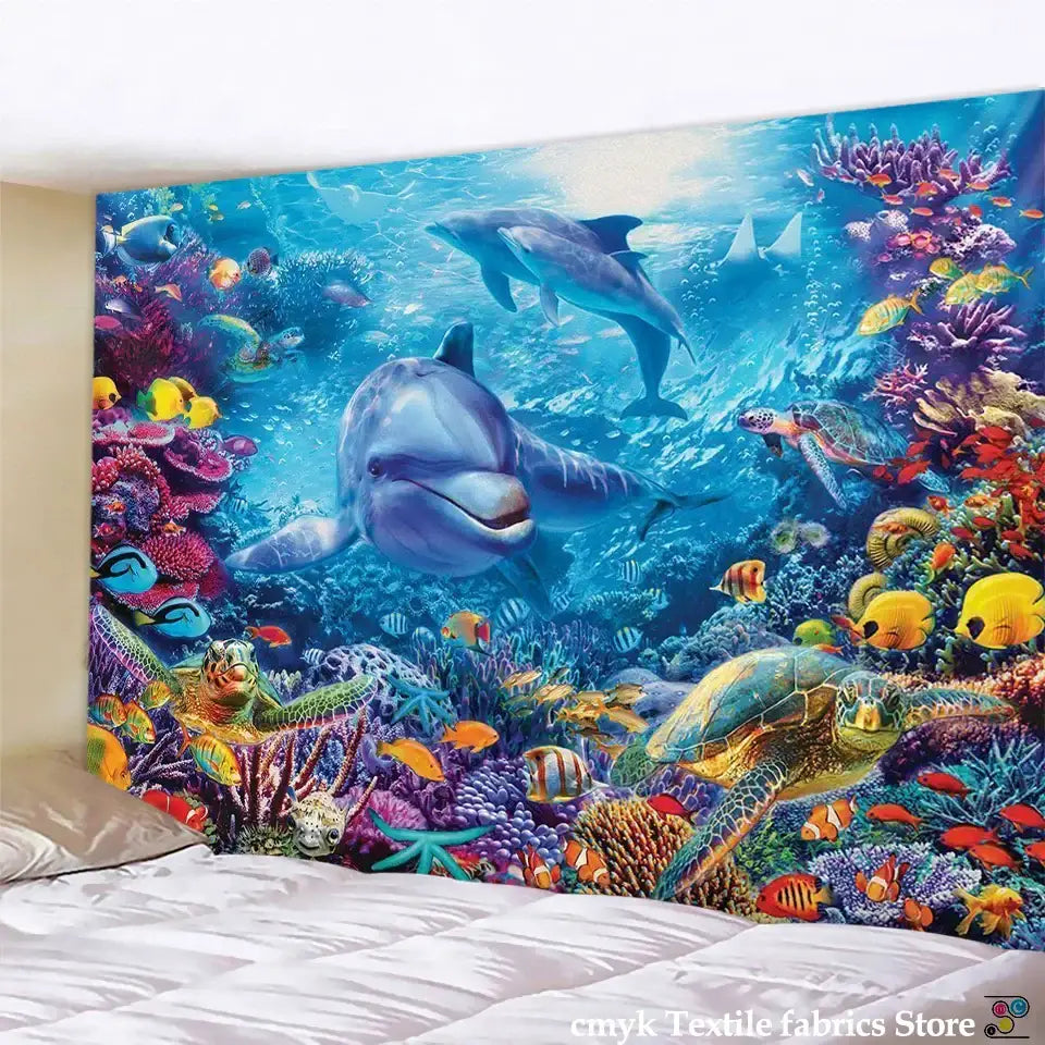 Underwater world mandala yoga mat tapestry blanket with vibrant dolphins turtles and fish coral reef decorbites 3d underwater design