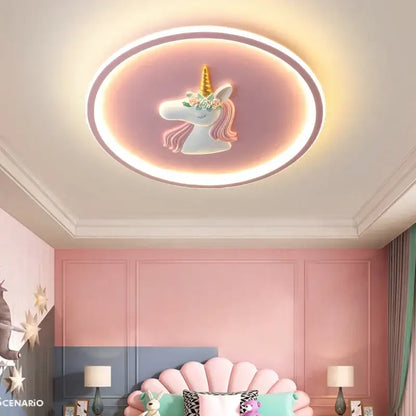 Circular cartoon kids ceiling light with pink halo and white unicorn head for kids ceiling lights decorbites cartoon kids