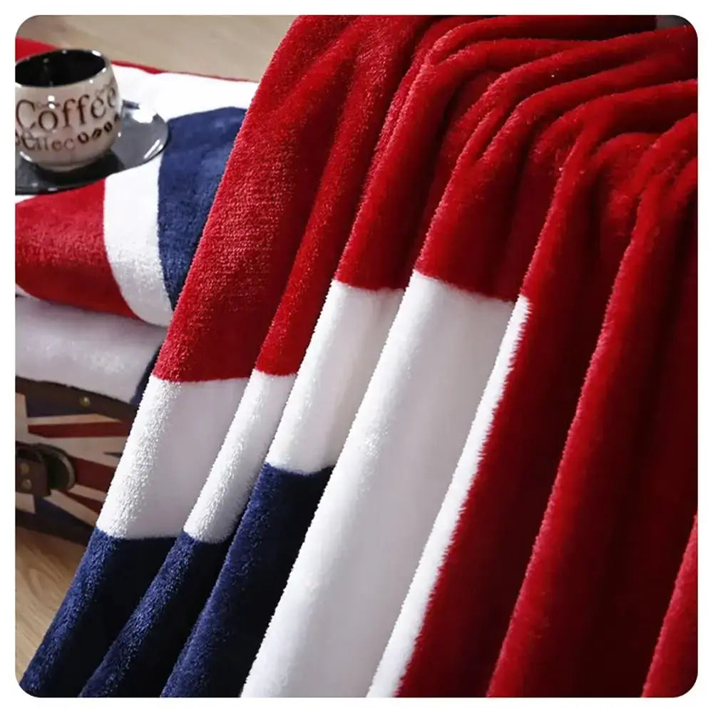 Union jack red and navy throw blanket with red white and blue stripes featuring decorbites cozy flannel texture