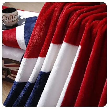 Union jack red and navy throw blanket with red white and blue stripes featuring decorbites cozy flannel texture