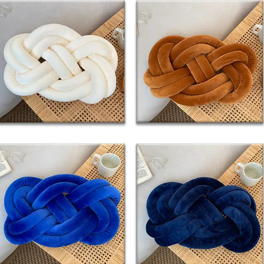 Plush velvet knot throw pillow available in white tan royal blue or navy for living room decor
