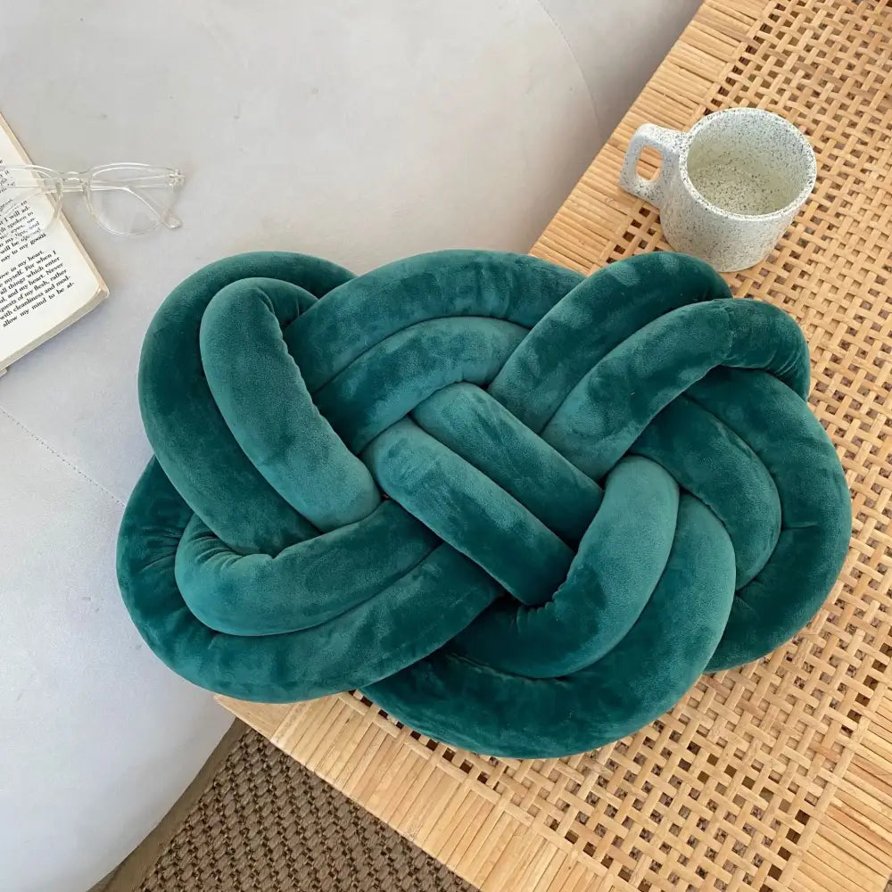 Teal velvet knot throw pillow decorative cushion for living room with soft plush texture and unique design