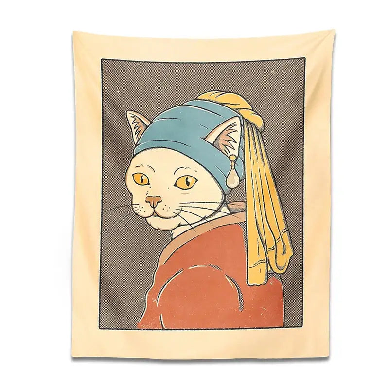 Beige bedroom tapestry featuring a cartoon cat in vermeer style with pearl earring metal wall hanging design