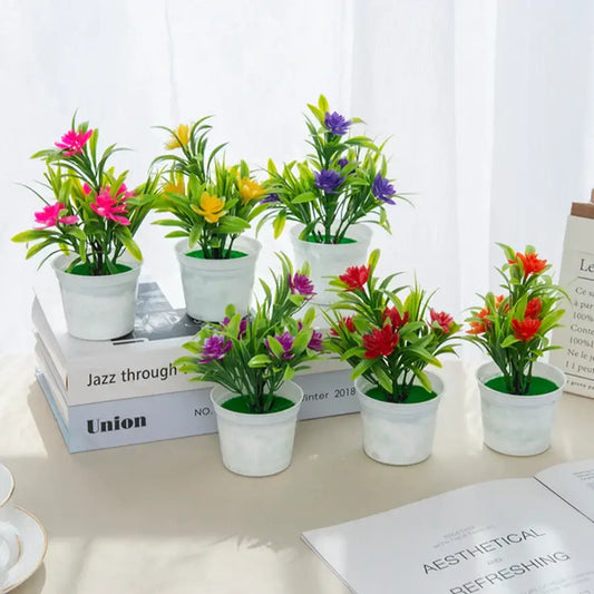 Set of six decorbites artificial flowers bonsai in white ceramic pots with pink yellow purple and red blooms for living room decor
