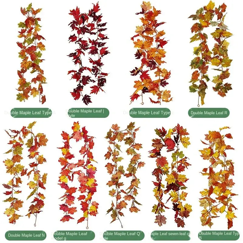 Vibrant autumn harvest hanging decoration featuring artificial maple leaf garlands in red orange and yellow hues for decorbites harvest home