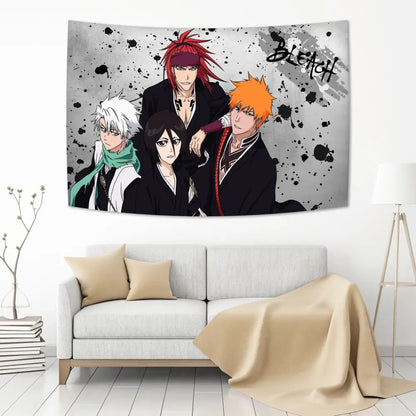 Gray and black splatter-patterned bleach japan anime tapestry featuring four characters for bedroom wall decorbites decor