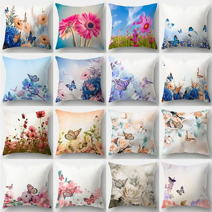 A collection of square decorbites butterfly flower pillowcases with vibrant floral and butterfly designs for living room decor