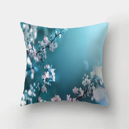 Square butterfly flower pillow case with soft-focus pink white blossoms on teal for decorbites butterfly flower decor