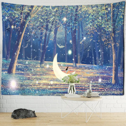 Whimsical forest-themed dinosaur age tapestry with glowing crescent moon and blue green trees for decorbites dinosaur age decor