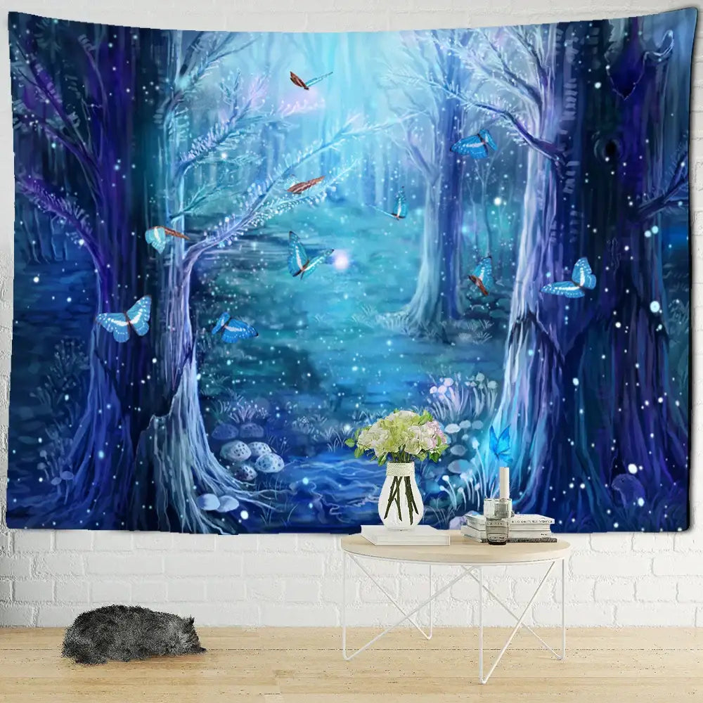 Vibrant colorful dinosaur age tapestry with blue and purple enchanted forest decorbites dinosaur age wall art decor