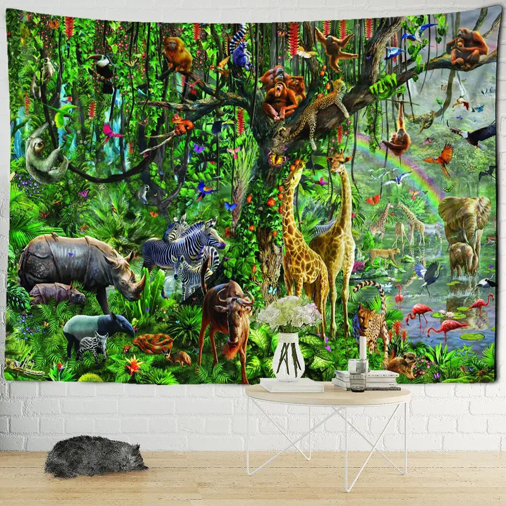 Vibrant colorful dinosaur age tapestry featuring lush jungle animals like giraffes zebras rhinos and monkeys for decorbites decor