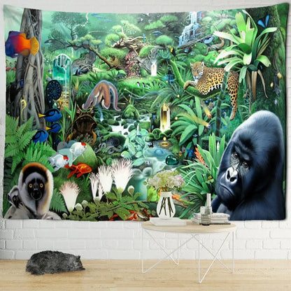 Vibrant colorful dinosaur age tapestry featuring a large gorilla leopard and aquatic creatures for bedroom decorbites decor