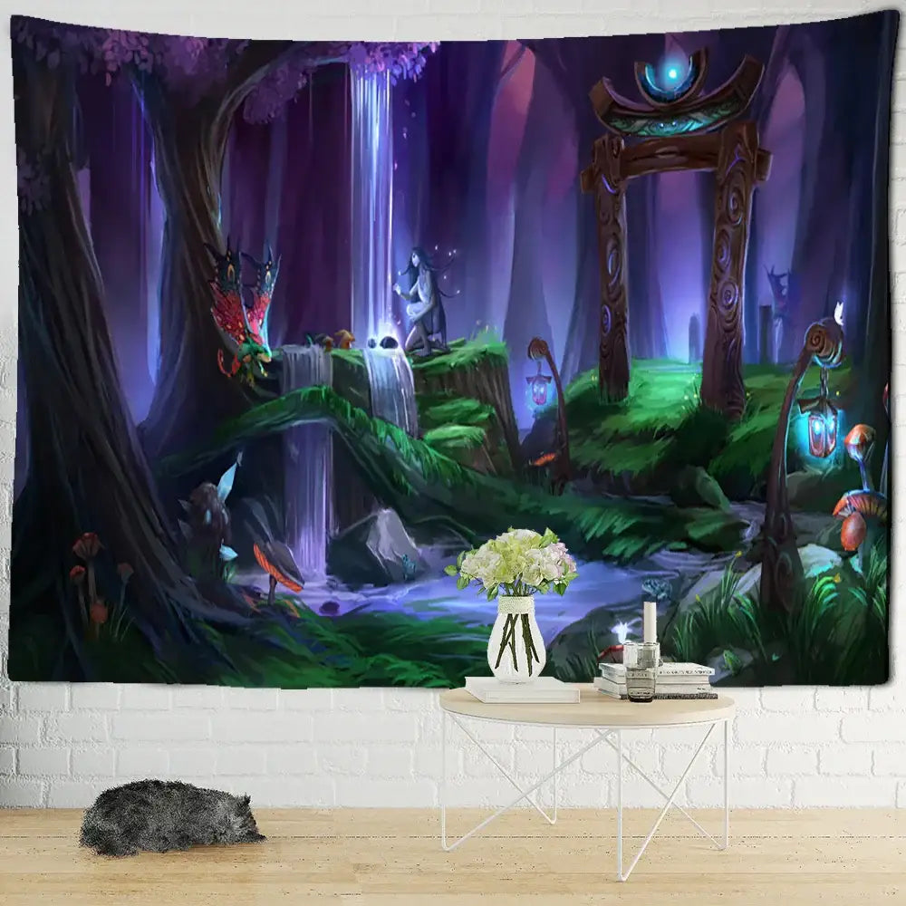 Vibrant colorful dinosaur age tapestry featuring a purple green fantasy forest waterfall glowing lanterns for decorbites decor