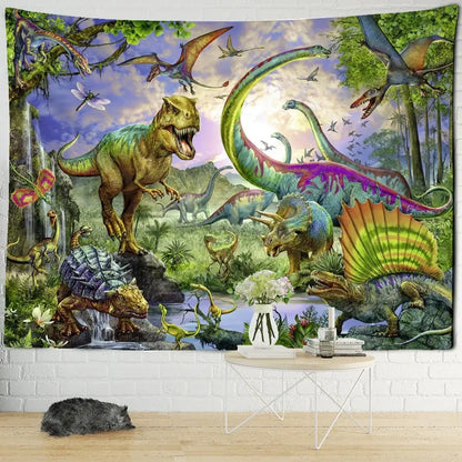 Vibrant colorful dinosaur age tapestry featuring vivid greens purples and yellows for decorbites dinosaur age wall art decor