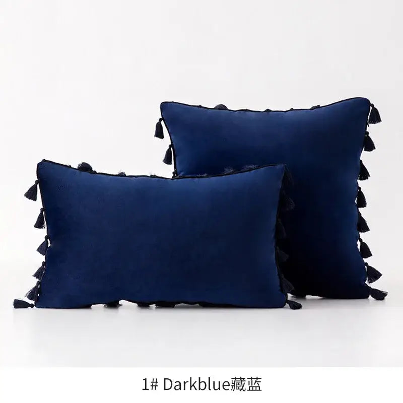 Dark blue velvet throw pillows with black fringed tassel velvet edges for vibrant decorbites fringed tassel decor