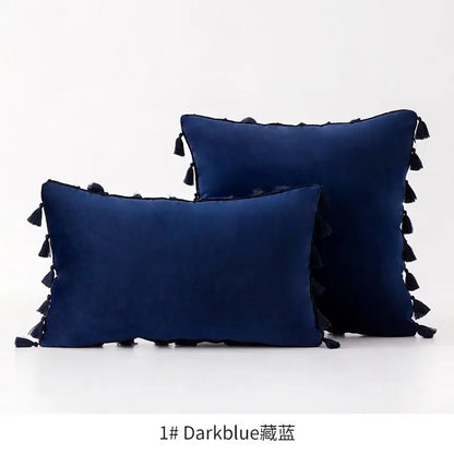 Dark blue velvet throw pillows with black fringed tassel velvet edges for vibrant decorbites fringed tassel decor