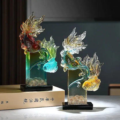 Vibrant gradient goldfish resin sculpture decorbites resin sculpture with colorful translucent fins in rectangular bases for living room decor