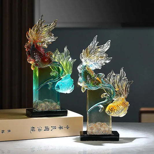 Vibrant gradient goldfish resin sculpture decorbites resin sculpture with colorful translucent fins in rectangular bases for living room decor