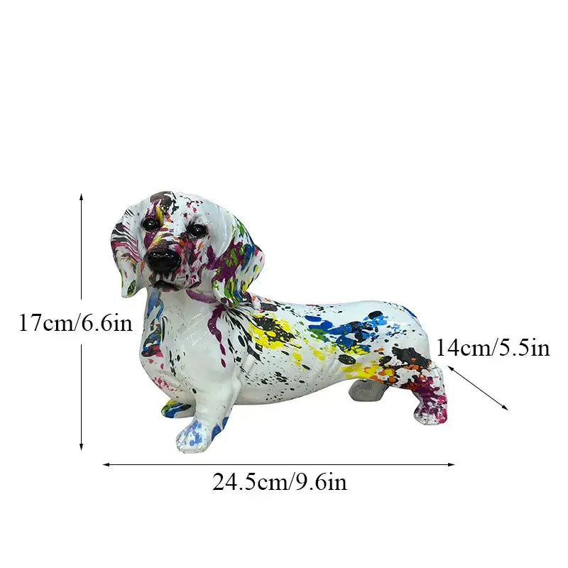 White ceramic dachshund dog resin figurine with vibrant graffiti art paint for living room decor by decorbites