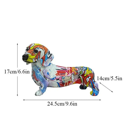 Vibrant graffiti art dachshund dog resin figurine with colorful abstract patterns for living room decor by decorbites