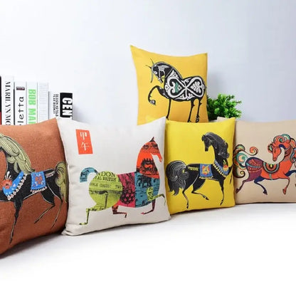 A vibrant collection of decorbites cotton linen sofa pillowcases with bold horse patterns for living room decor