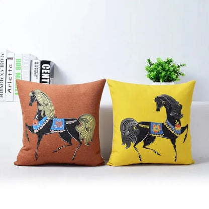 Two decorbites cotton linen sofa pillowcases in rust and yellow with vibrant black horse designs for living room decor
