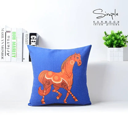 Blue throw pillow with orange horse and circular patterns made of decorbites cotton linen for linen sofa pillowcase use