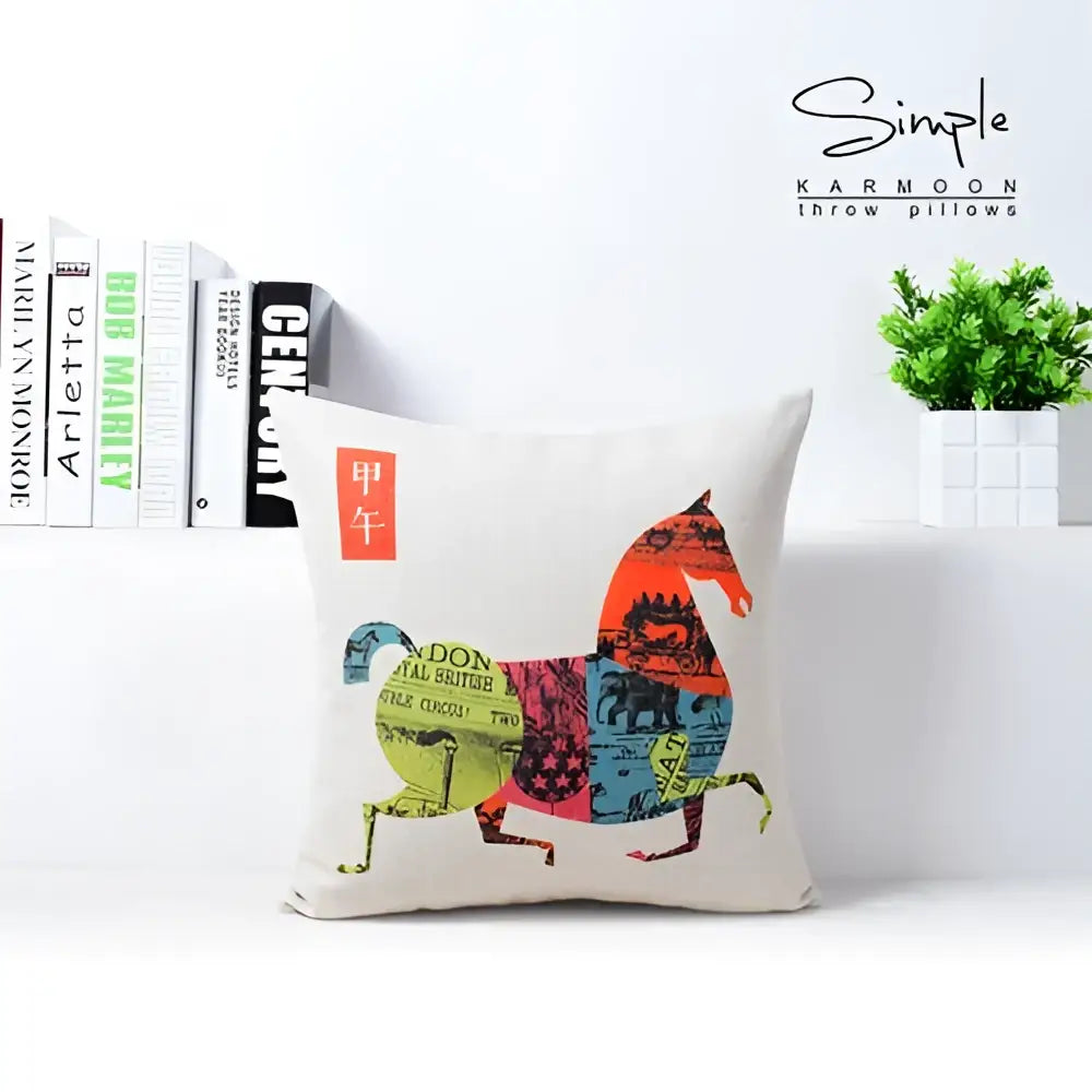 Beige decorbites cotton linen sofa pillowcase with vibrant horse collage in orange blue green and black with chinese characters