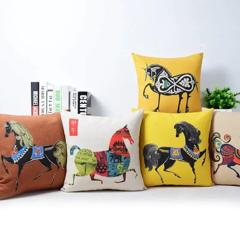 Vibrant horse pattern decorbites cotton linen sofa pillowcase with bold patterns in assorted colors on fabric surface