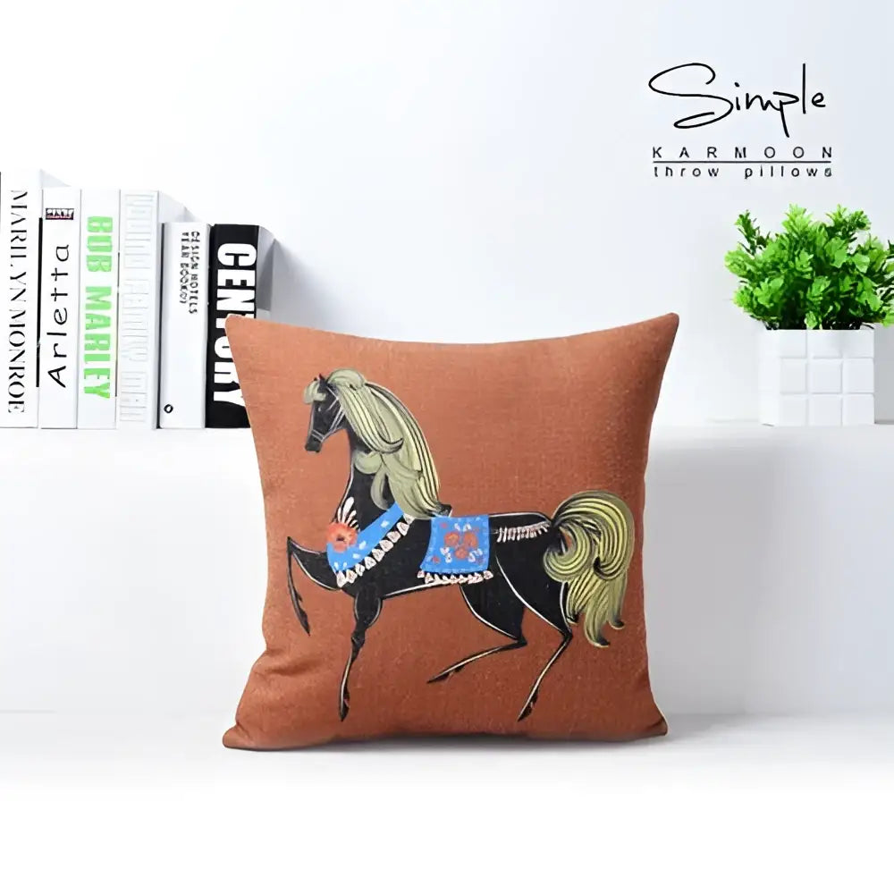 Brown decorbites cotton linen sofa pillowcase with embroidered black horse and blue saddle for living room decor