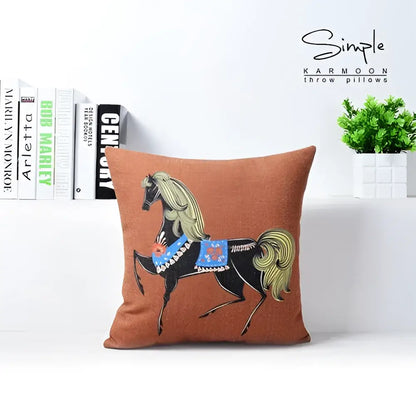 Brown decorbites cotton linen sofa pillowcase with embroidered black horse and blue saddle for living room decor
