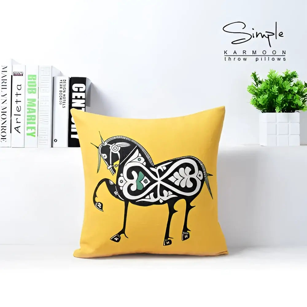 Yellow decorbites cotton linen sofa pillowcase with a stylized black and white horse design and green accents for living room