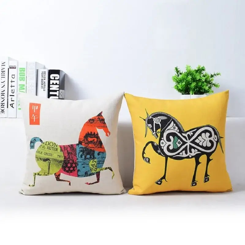 Two decorbites cotton linen sofa pillowcases with vibrant horse patterns in colorful collage and black and white designs