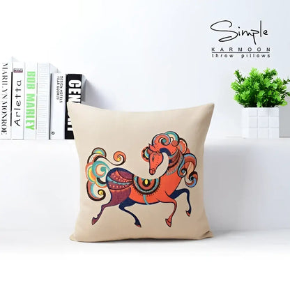 Beige decorbites cotton linen sofa pillowcase with a vibrant orange and blue horse pattern for living room decor