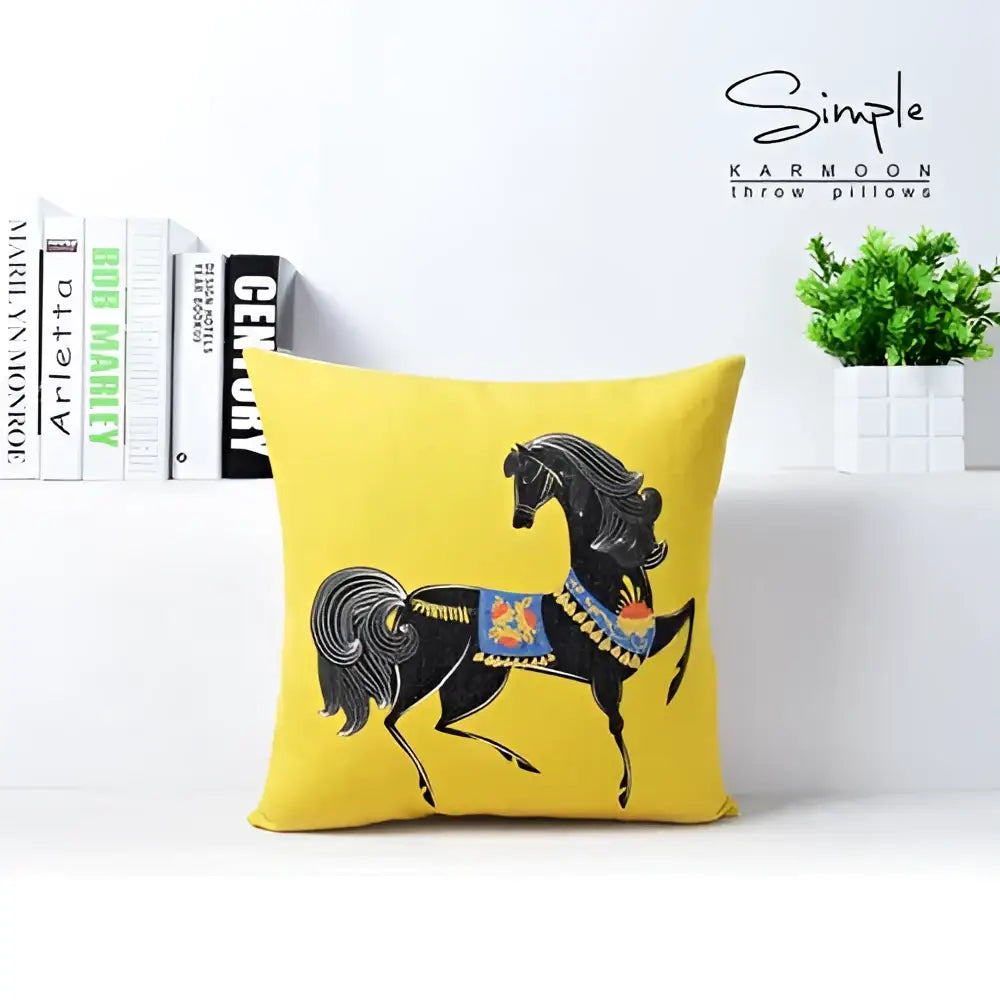 Bright yellow decorbites cotton linen sofa pillowcase with black horse and blue gold saddle pattern for living room