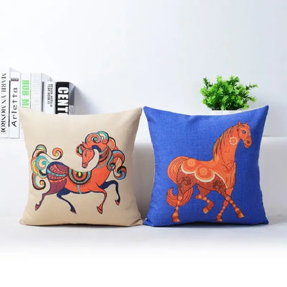 Two decorative decorbites cotton linen sofa pillowcases with vibrant horse patterns in beige and blue for living room