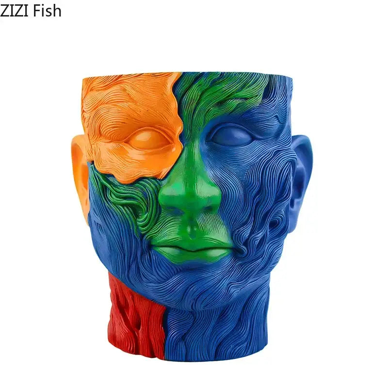 Vibrant human portrait resin vase with swirling orange green blue and red sections holding artificial flowers for decorbites colorful human living room decor
