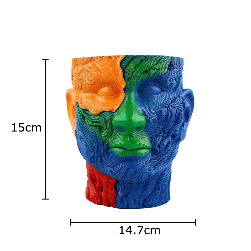 Vibrant human portrait resin vase with artificial flowers featuring colorful decorbites multicolor design for living room decor