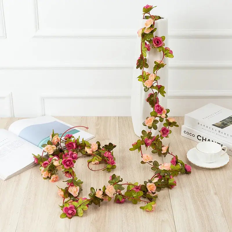 Delicate artificial rose flowers vine garland with pink and peach roses and green leaves for living room decor