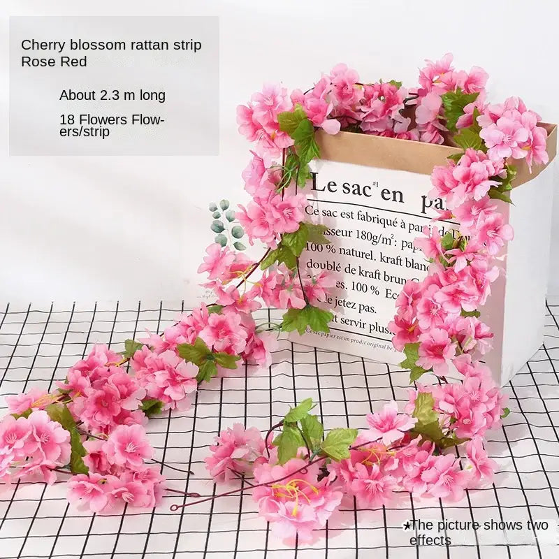 Pink cherry blossom synthetic rattan rose flowers vine garland with green leaves for vibrant living room decor