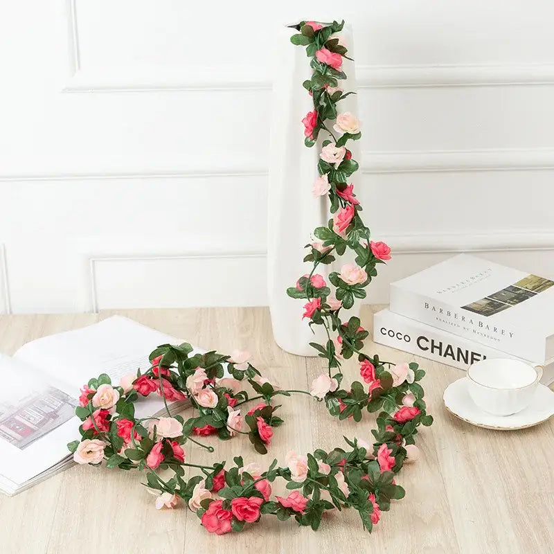 Delicate artificial flowers vine garland with pink and peach rose flowers and green leaves for living room decor