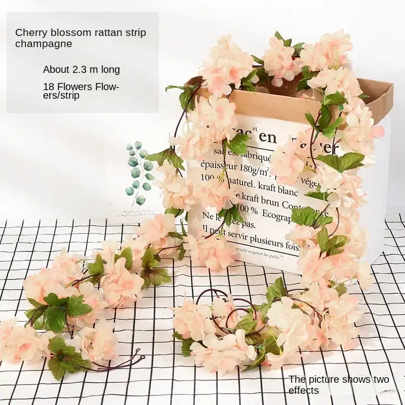 Champagne pink cherry blossom rattan strip rose flowers vine garland with 18 flowers per strand for living room decor