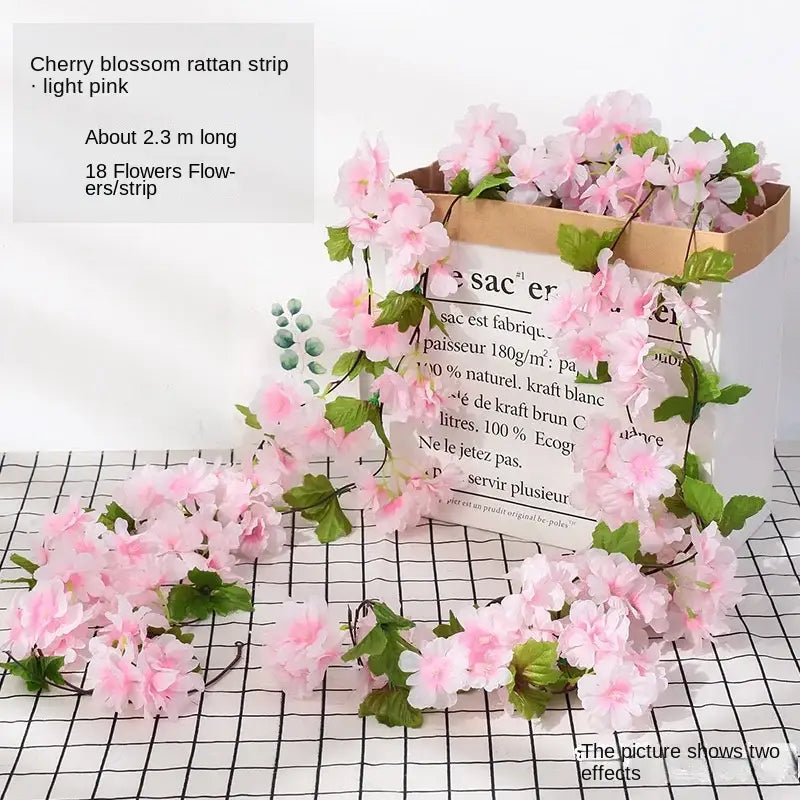 Vibrant multi colored rose flowers vine garland with light pink cherry blossom rattan strip and green leaves for living room decor