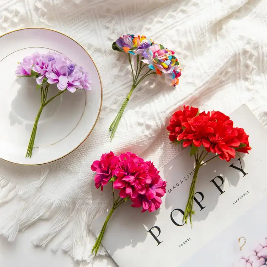 Vibrant multicolor artificial flower stamen bouquet with purple pink and green stems for living room decor