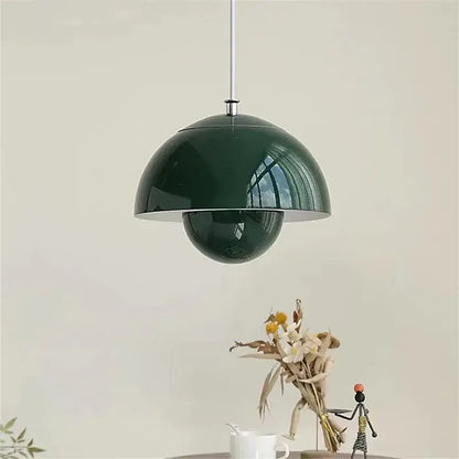 Deep green glossy enamel pendant light with flower-like dome design by decorbites designer flower bud for bedroom decor