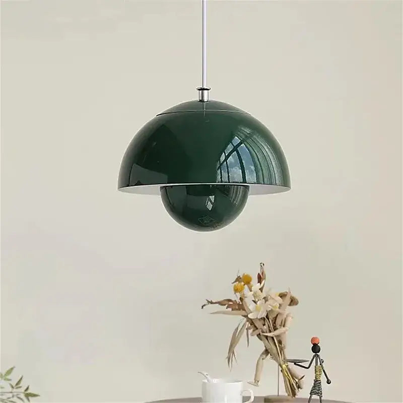 Deep green glossy enamel pendant light with flower-like dome design by decorbites designer flower bud for bedroom decor