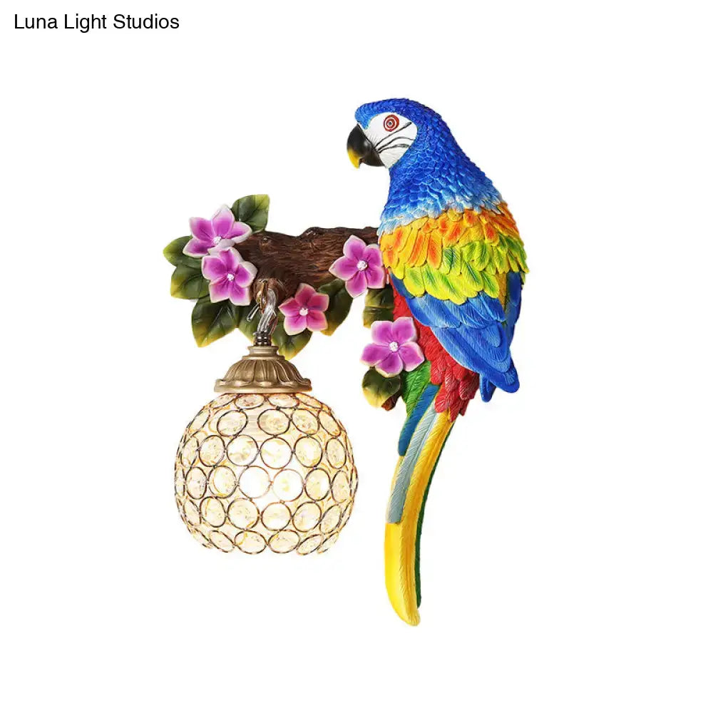 Vibrant parrot wall sconce with crystal lampshade led light featuring detailed feather pattern and pink flowers 220v-240v 110v-120v