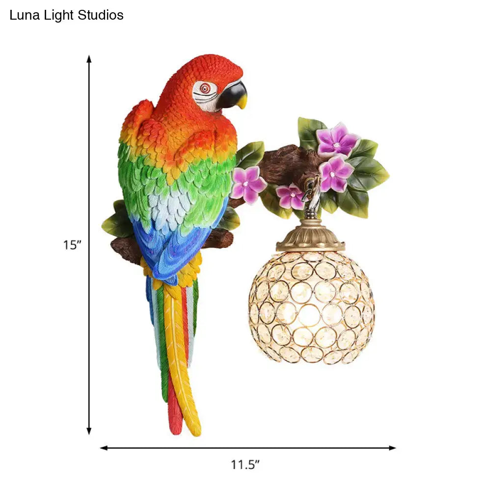 Vibrant parrot wall sconce with rainbow colors crystal globe shade purple flowers led incandescent fluorescent 220v-240v 110v-120v