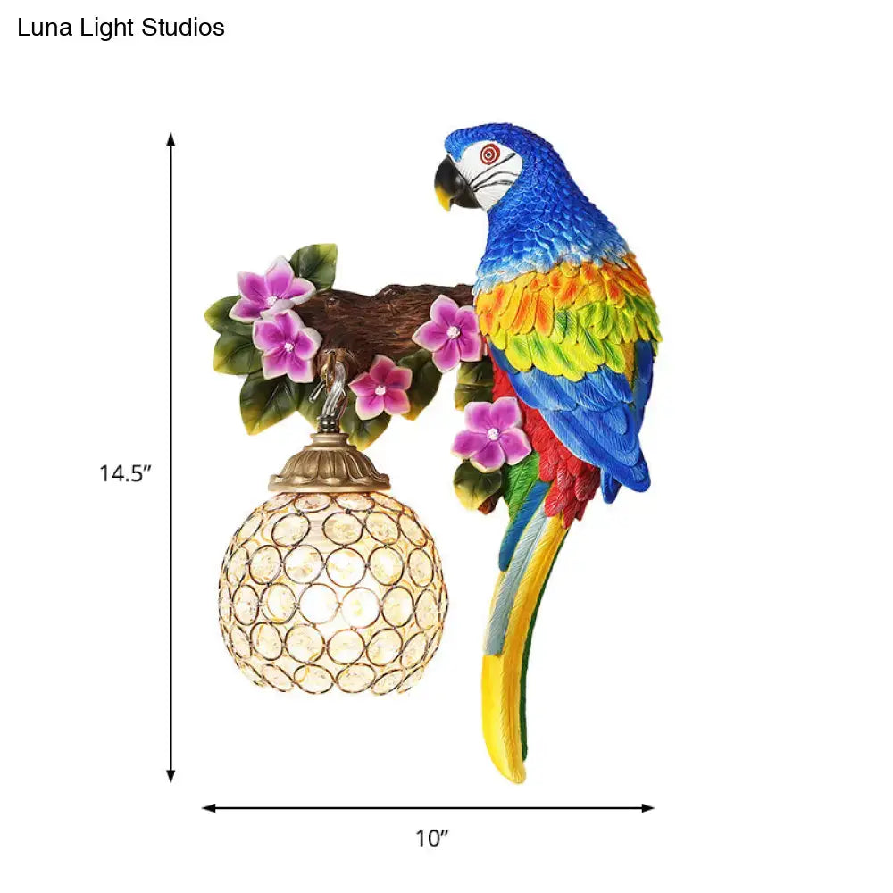 Vibrant blue yellow and green parrot wall sconce with crystal globe shade led incandescent fluorescent 220v-240v 110v-120v