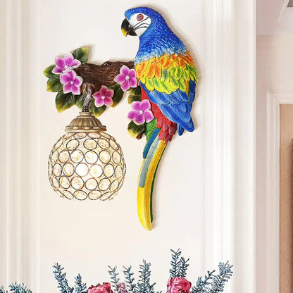 Vibrant parrot wall sconce with multi-colored design and crystal globe lampshade compatible with 220v-240v led lighting